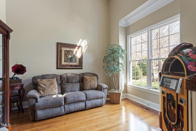 living room with ornamental molding, baseboards, and wood finished floors