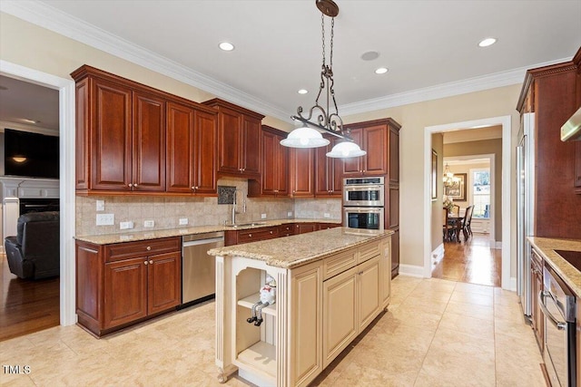 kitchen featuring pendant lighting, ornamental molding, light stone counters, tasteful backsplash, and stainless steel appliances