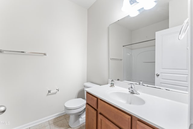 full bathroom featuring vanity, baseboards, tile patterned flooring, walk in shower, and toilet