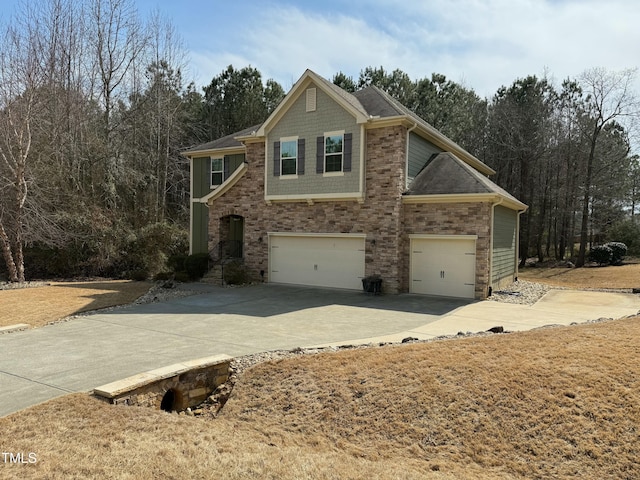 view of property exterior with concrete driveway, a garage, and a shingled roof