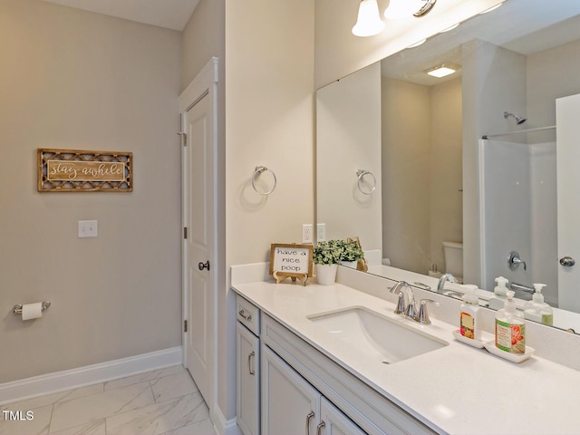 full bath with a shower, baseboards, toilet, and marble finish floor