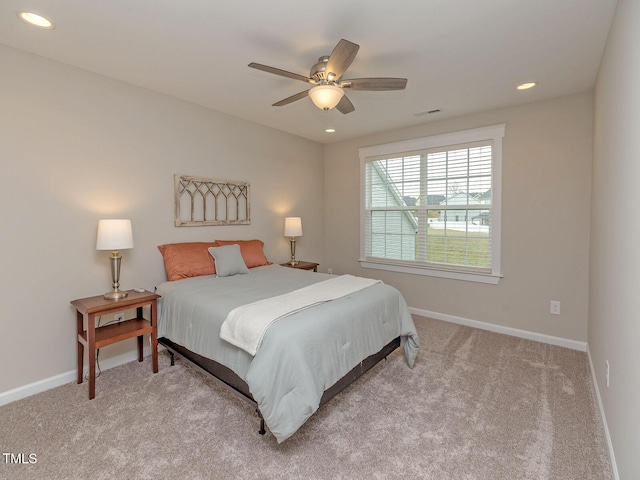 bedroom featuring carpet flooring, recessed lighting, and baseboards