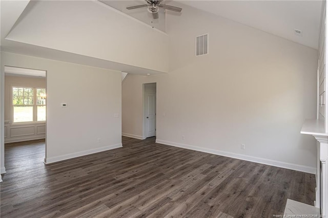 5815 James Allen Ln, Stedman, NC 28391 - spare room with ceiling fan, dark wood-style floors, baseboards, and high vaulted ceiling