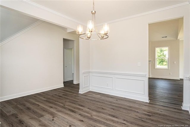 5815 James Allen Ln, Stedman, NC 28391 - unfurnished dining area with a chandelier, dark wood-style flooring, ornamental molding, and baseboards