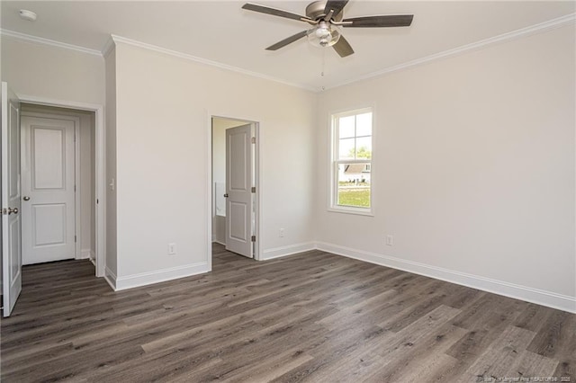 5815 James Allen Ln, Stedman, NC 28391 - unfurnished bedroom with dark wood-style floors, baseboards, crown molding, and ceiling fan