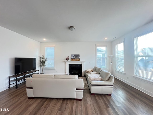 living area featuring recessed lighting, baseboards, dark wood-type flooring, and a fireplace