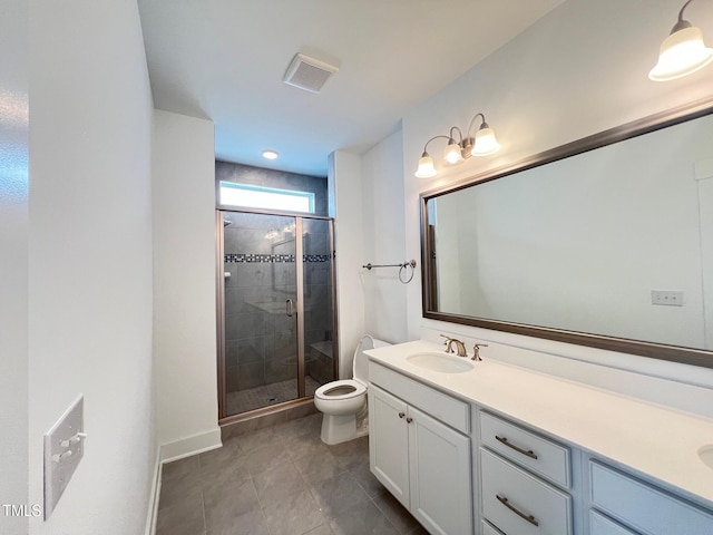 bathroom with visible vents, double vanity, a stall shower, a sink, and toilet