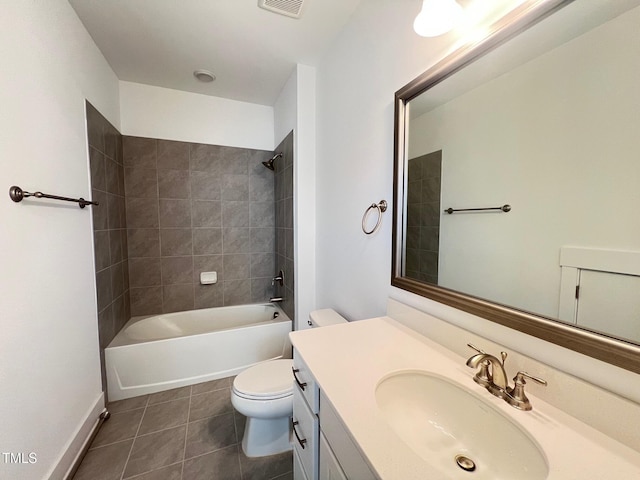 full bath featuring visible vents, tub / shower combination, toilet, tile patterned floors, and vanity