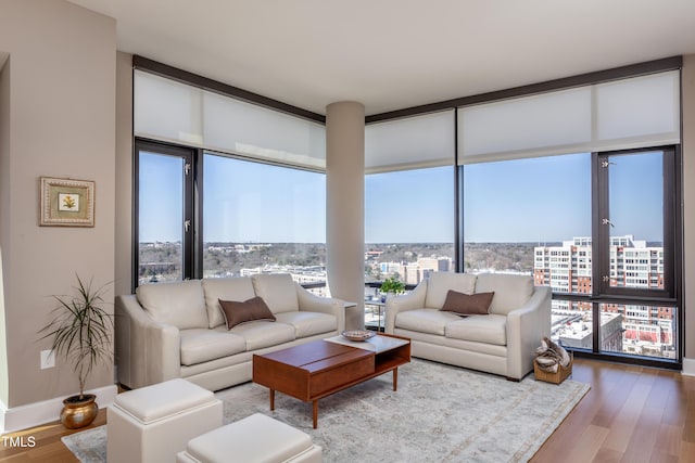 living area with a city view, floor to ceiling windows, wood finished floors, and baseboards