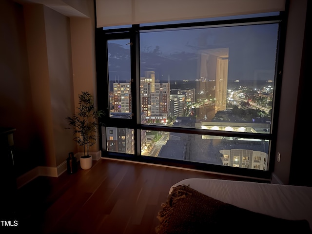 interior details featuring a view of city lights, baseboards, and wood finished floors
