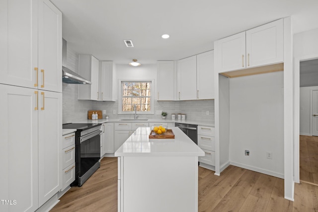 kitchen with visible vents, a sink, appliances with stainless steel finishes, wall chimney exhaust hood, and a center island