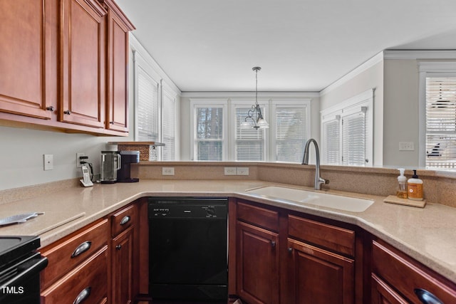 kitchen featuring a sink, black dishwasher, crown molding, light countertops, and hanging light fixtures