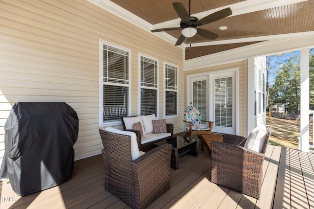 deck featuring a ceiling fan, a grill, and outdoor lounge area