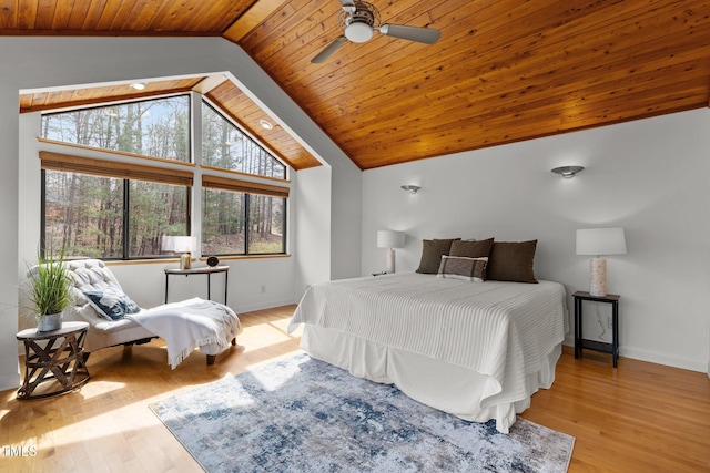 bedroom featuring high vaulted ceiling, wood ceiling, light wood-type flooring, and baseboards