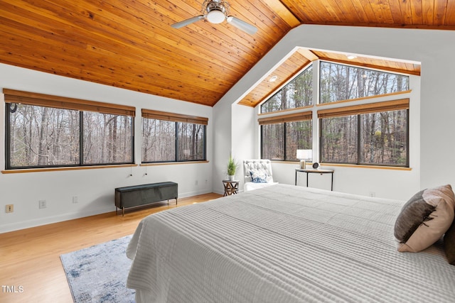 bedroom featuring a ceiling fan, wood finished floors, baseboards, lofted ceiling, and wood ceiling