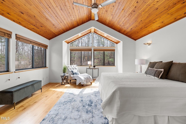 bedroom featuring vaulted ceiling, multiple windows, wooden ceiling, and wood finished floors