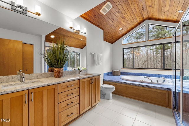 bathroom with a sink, visible vents, wood ceiling, and vaulted ceiling