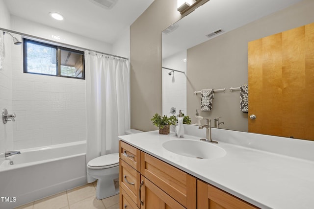 full bath with visible vents, toilet, shower / bath combo, tile patterned flooring, and vanity