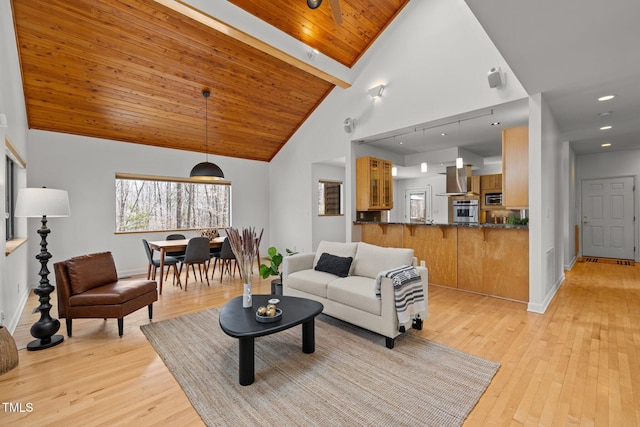 living area featuring light wood-type flooring, high vaulted ceiling, recessed lighting, wooden ceiling, and baseboards