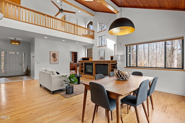 dining space featuring a wealth of natural light, light wood finished floors, and wooden ceiling