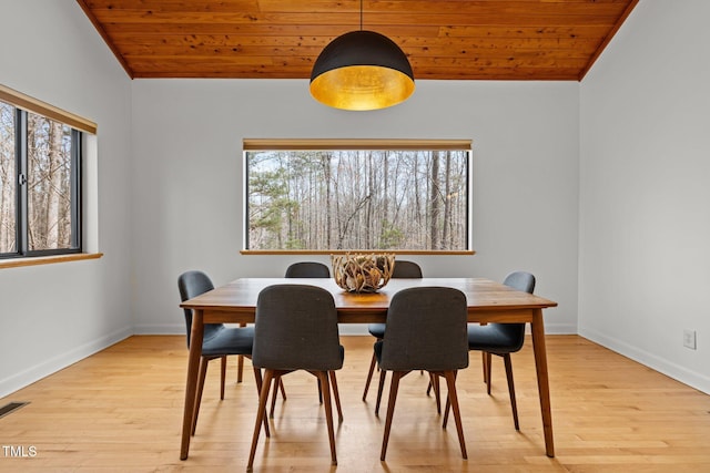 dining room featuring wood ceiling, light wood-type flooring, and lofted ceiling