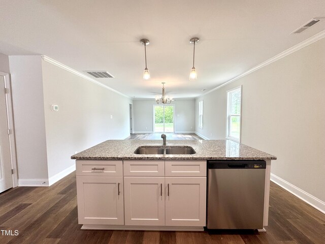 306 E Roseboro St, Roseboro, NC 28382 - kitchen featuring stainless steel dishwasher, a sink, ornamental molding, a chandelier, and white cabinetry