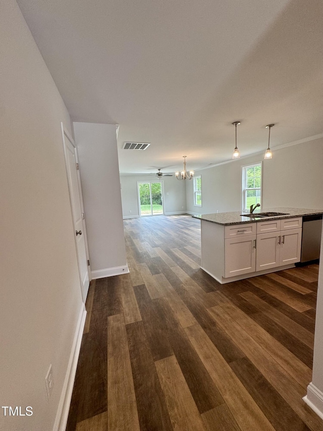 306 E Roseboro St, Roseboro, NC 28382 - kitchen featuring open floor plan, dark wood-type flooring, white cabinetry, hanging light fixtures, and stainless steel dishwasher