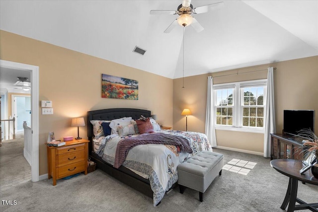 carpeted bedroom with visible vents, baseboards, high vaulted ceiling, and a ceiling fan