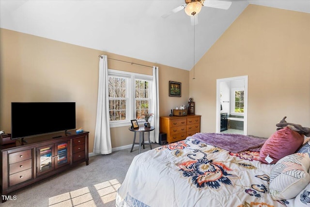 carpeted bedroom featuring baseboards, multiple windows, high vaulted ceiling, and ceiling fan