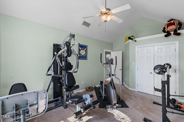 exercise room with visible vents, baseboards, lofted ceiling, carpet floors, and a ceiling fan