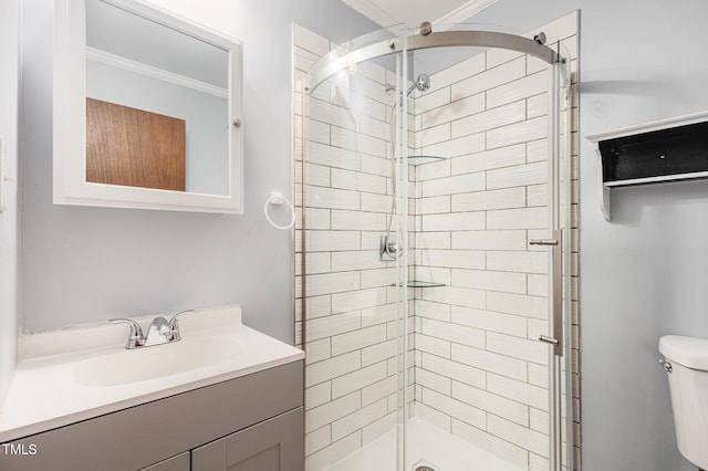 full bathroom featuring toilet, a stall shower, and ornamental molding