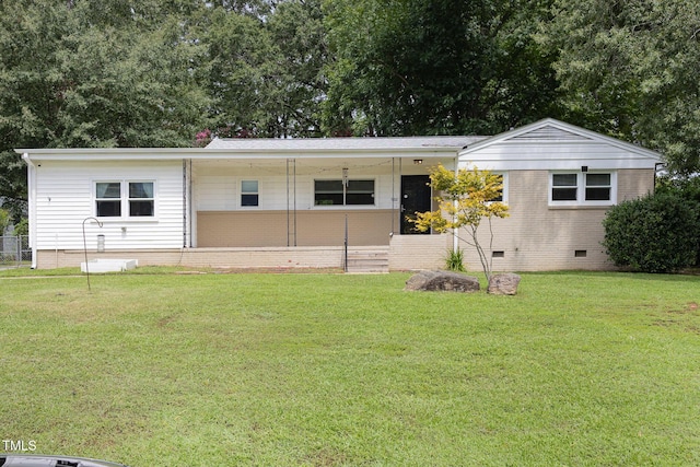 ranch-style home featuring crawl space and a front yard