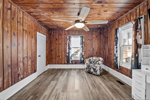 unfurnished room featuring visible vents, wooden ceiling, ceiling fan, and wood finished floors