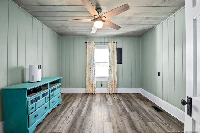 interior space featuring a ceiling fan, visible vents, wood finished floors, baseboards, and wood ceiling