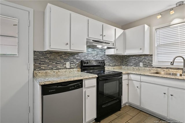 kitchen featuring a sink, decorative backsplash, black range with electric stovetop, under cabinet range hood, and dishwasher