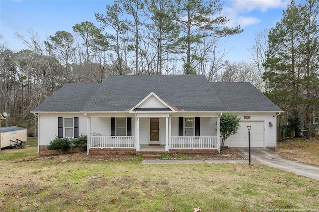 ranch-style house featuring a front yard, driveway, roof with shingles, a porch, and a garage