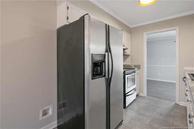 kitchen featuring backsplash, light countertops, ornamental molding, stainless steel appliances, and white cabinetry