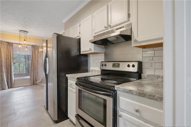 kitchen featuring under cabinet range hood, appliances with stainless steel finishes, white cabinetry, crown molding, and tasteful backsplash