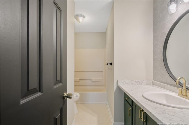 bathroom featuring vanity, a bathing tub, wallpapered walls, a shower, and toilet