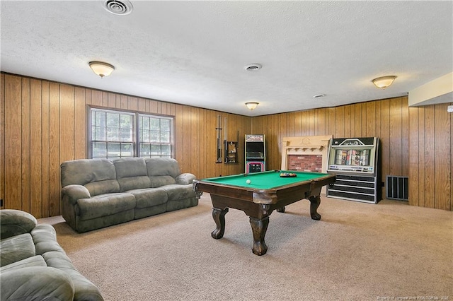 playroom featuring pool table, visible vents, and carpet floors