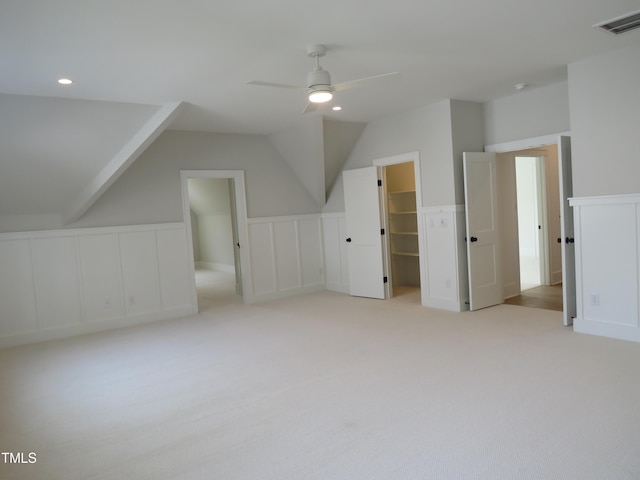 bonus room with visible vents, recessed lighting, lofted ceiling, light colored carpet, and ceiling fan