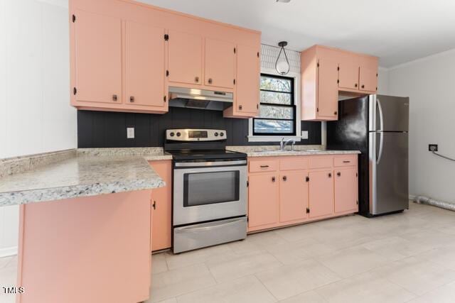 kitchen with a peninsula, decorative backsplash, light countertops, under cabinet range hood, and appliances with stainless steel finishes