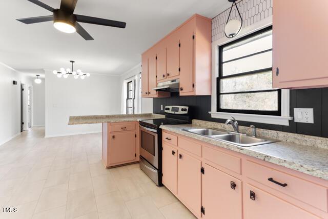 kitchen with electric range, under cabinet range hood, a sink, a peninsula, and light countertops