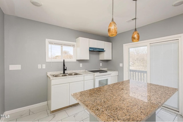 kitchen featuring visible vents, a sink, under cabinet range hood, white electric range, and marble finish floor