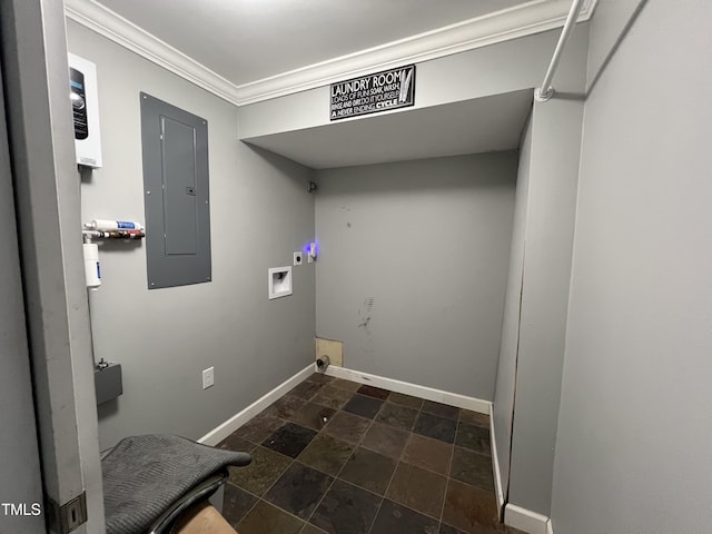 washroom with electric panel, laundry area, hookup for a washing machine, and baseboards