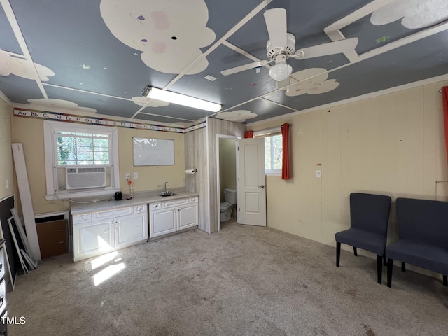 full bath with vanity, cooling unit, a ceiling fan, carpet flooring, and toilet