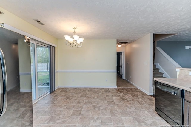 unfurnished dining area with visible vents, baseboards, a chandelier, stairway, and a textured ceiling