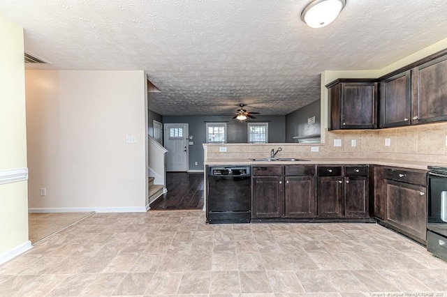 kitchen with dark brown cabinets, black appliances, a ceiling fan, and a sink