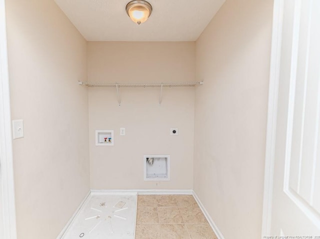 laundry room with baseboards, laundry area, hookup for a washing machine, light tile patterned flooring, and hookup for an electric dryer