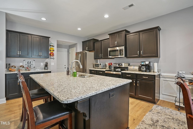 kitchen featuring visible vents, a breakfast bar, a sink, appliances with stainless steel finishes, and light wood finished floors